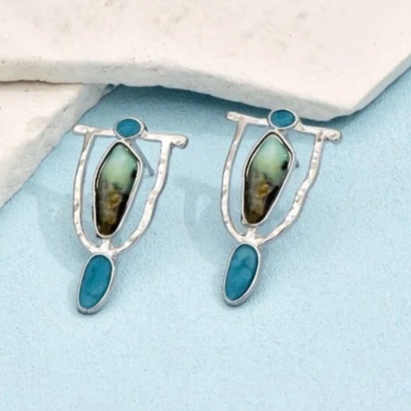 ❤️ FREE Turquoise Metal Chic Glam Grunge Rock Faux Modern Trendy Classy Earrings - Picture 4 of 5